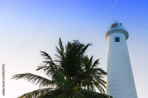 White lighthouse and palms tree with blue clean sky in Galle Fort, Sri Lanka. Beautiful background.
