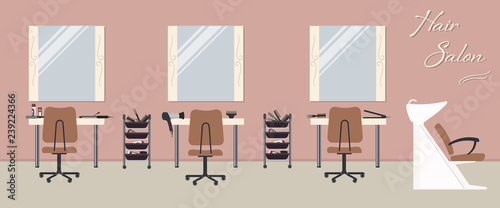 Interior of a hair salon in a pink color. Beauty salon. There are tables, chairs, a bath for washing the hair, mirrors, hair dryer in the image. There is also text 