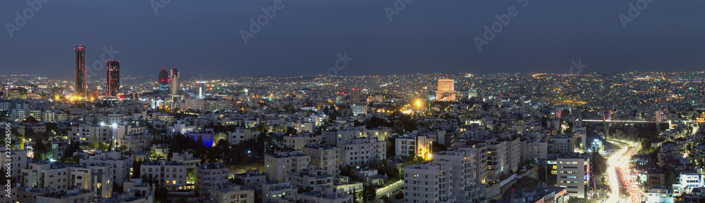Panoramic view of Amman's famous landmarks at night