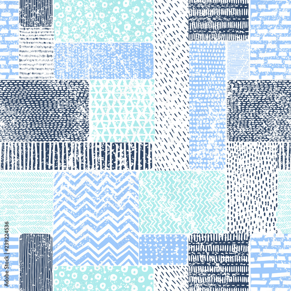 Seamless vintage pattern in patchwork style. Blue-white doodle ornament. Print with marine motifs. Vector illustration. - obrazy, fototapety, plakaty 