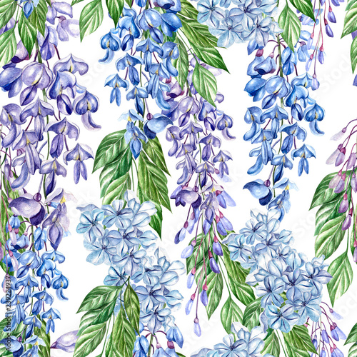 Beautiful seamless floral summer pattern background with tropical flowers, wi...
