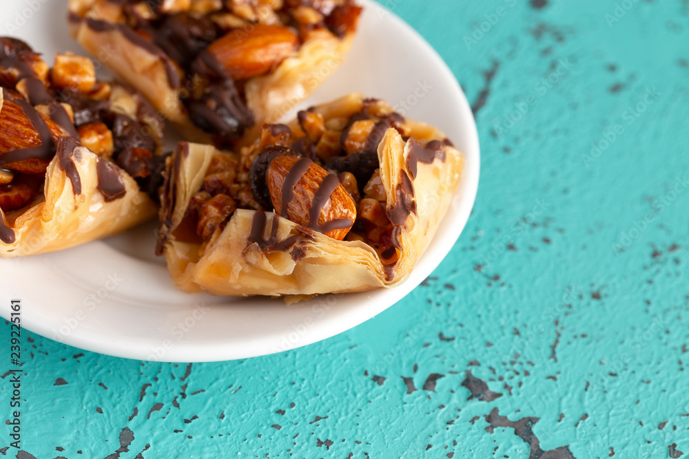 Classic Baklava on a Blue Distressed Surface Classic Baklava on a Blue Distressed Surface