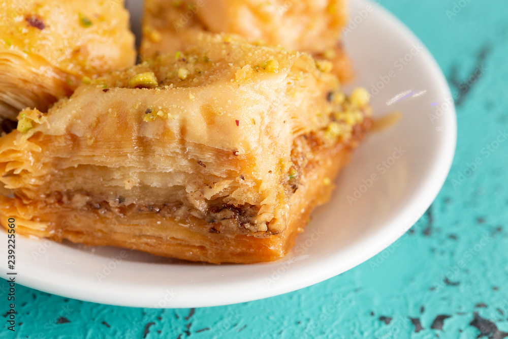 Classic Baklava on a Blue Distressed Surface