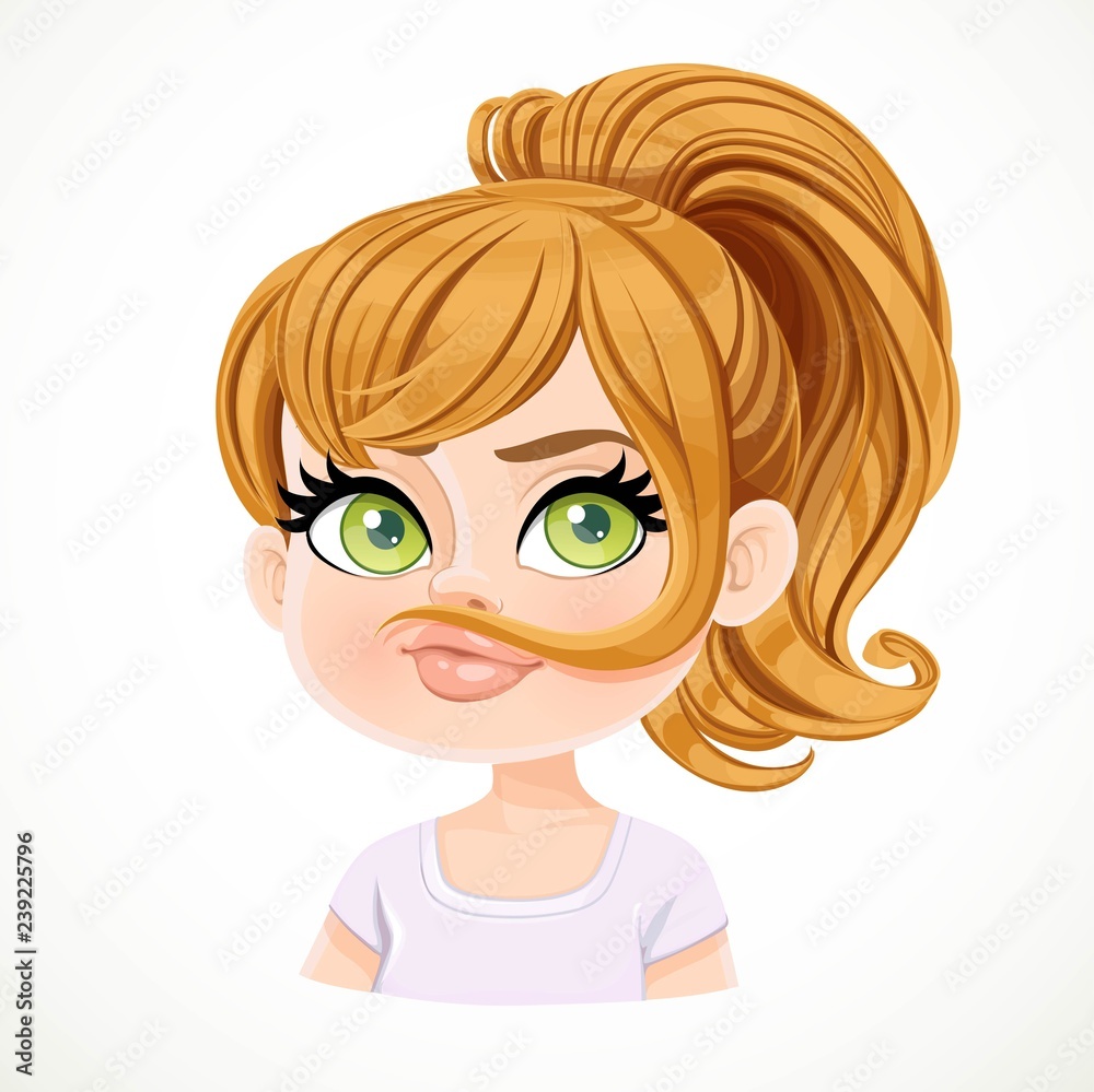 Beautiful silly makes a mustache out of hair cartoon fairhaired girl