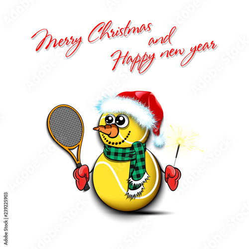 Snowman from tennis balls with broom and sparklers