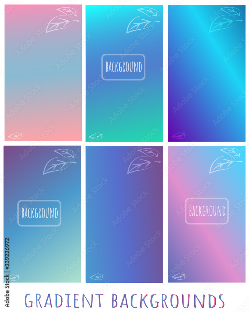Set of Gradient blue, pink, violet vector backgrounds with leaves -  for website,  presentation, mobile app