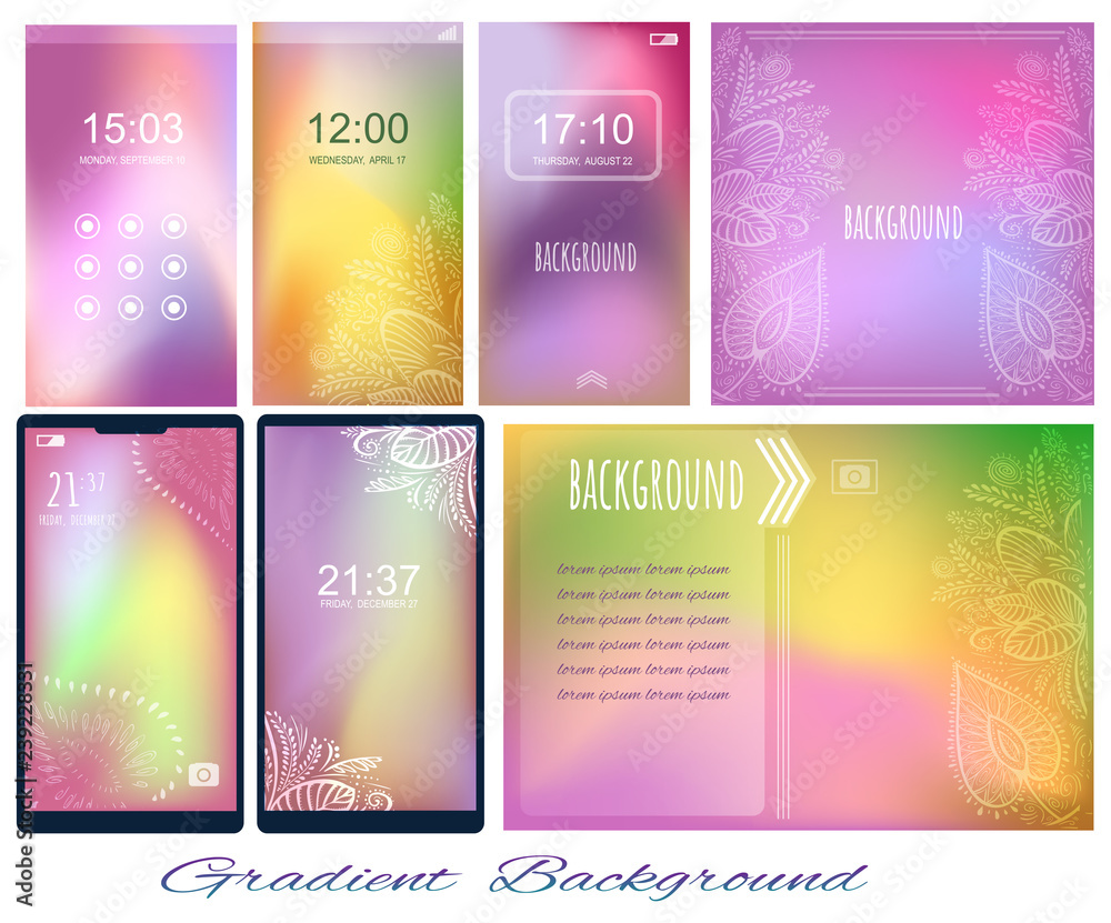 Set of Gradient violet and other colors backgrounds for screen, wallpaper of mobile, presentation, slide