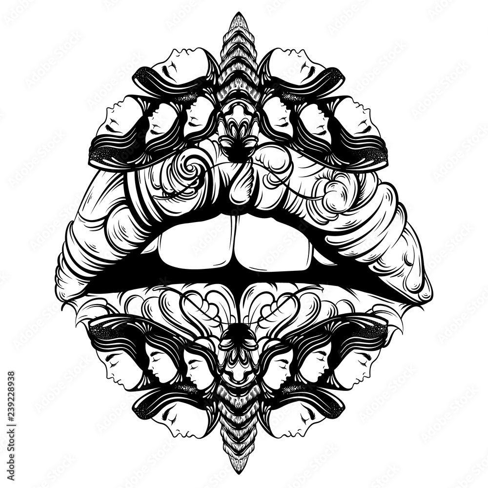 Vector hand drawn illustration of moth with female faces on the wings and  lips made in abstract baroque style. Fantasy, occultism, tattoo art.  Template for card, poster banner print for t-shirt. Stock