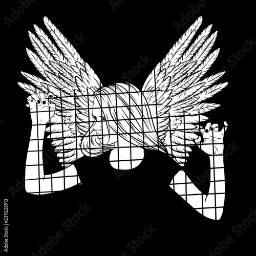 Vector hand drawn illustration of young girl behind bars with wings. Template for card, poster, banner, print for t-shirt.
