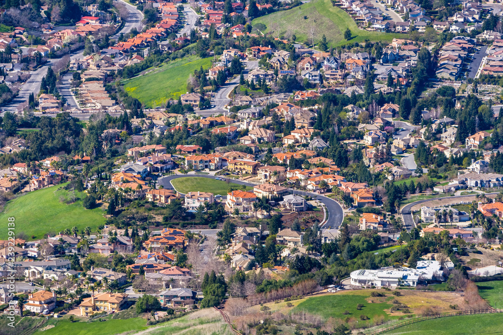 Aerial view of a residential neighborhood on a sunny day, Fremont, east San Francisco bay area, California