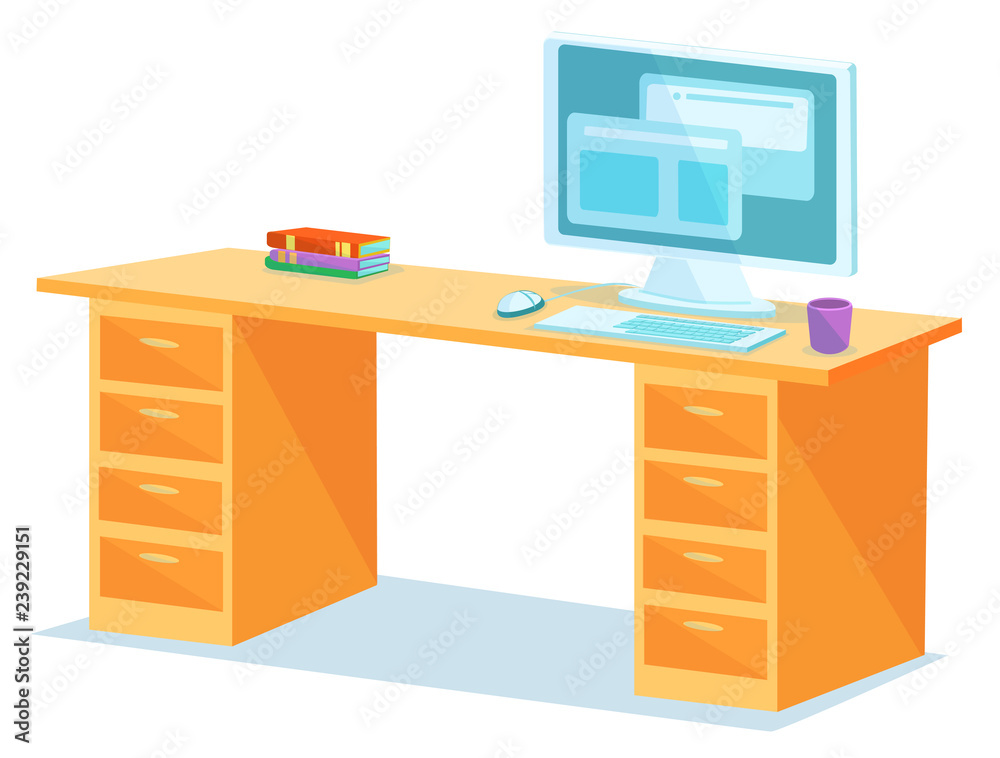 Vector clip art illustration - table with computer and books Vector clip art illustration - table with computer and books