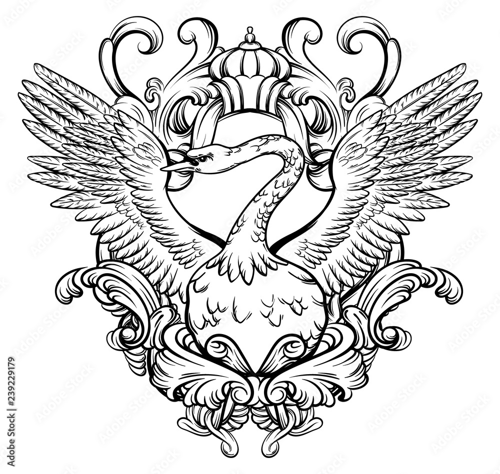 Obraz premium Vector hand drawn illustration of swan with beautiful wings and baroque elements. Artwork with ornate frame. Template for card, poster, banner, print for t-shirt.