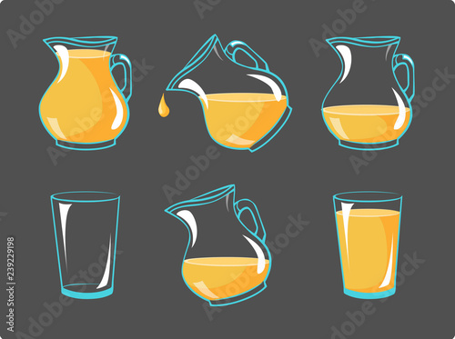Vector orange juice in glasses and in jag - animation frames of  pouring