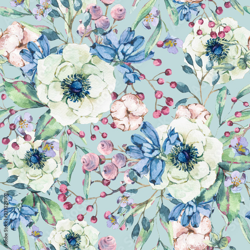 Watercolor natural seamless pattern with anemone