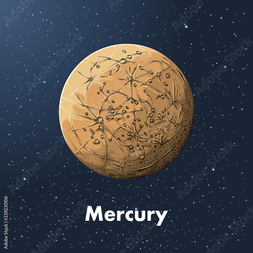 Hand drawn sketch of planet mercury in color, against a background of space. Detailed drawing in the style of vintage. Vector illustration