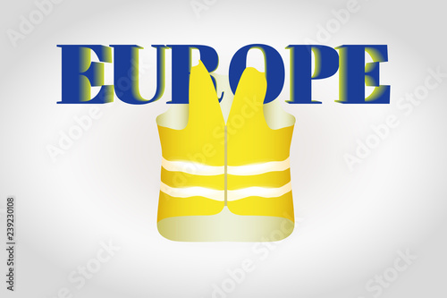 The yellow vest with glistening stripes hangs on letters Europe on a gray gradient background. Vector illustration.