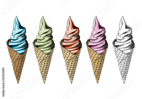 Set of icecream in color, isolated on white background. Detailed vintage style drawing, for posters, decoration and print. Hand drawn sketch. Vector illustration