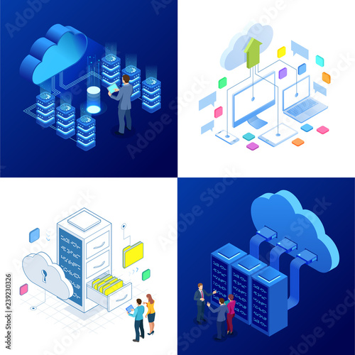 Set design templates Cloud Computing concept. Isometric cloud services. Internet technology. Online services. Data, information security. Vector illustration.
