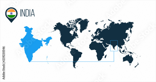 India location modern vector map for infographics. All world countries without names. round flag in the map pin or marker. vector illustration on stripped background.