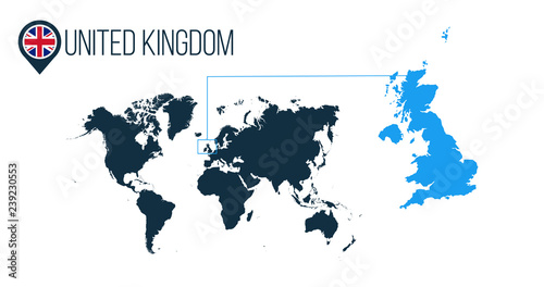United Kingdon location modern vector map for infographics. All world countries without names. round flag in the map pin or marker. vector illustration on stripped background. photo