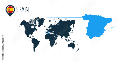 Spain location modern vector map for infographics. All world countries without names. Spain round flag in the map pin or marker. vector illustration on stripped background.