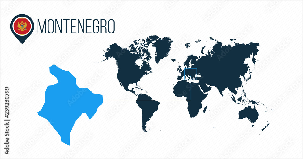 Montenegro location on the world map for infographics. All world countries without names. Montenegro round flag in the map pin or marker. vector illustration on stripped background.