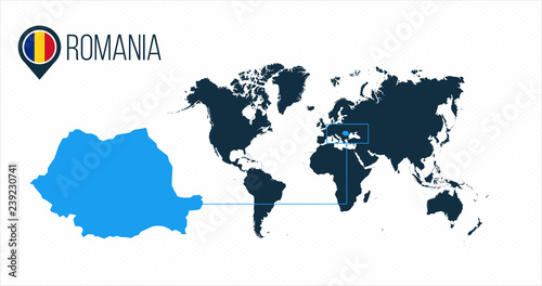 Romania location on the world map for infographics. All world countries without names. Romania round flag in the map pin or marker. vector illustration on stripped background.