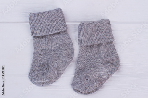 Grey wool winter socks for baby.