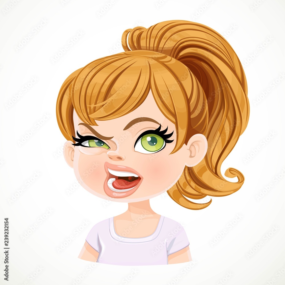 Beautiful aggressive cartoon fair-haired girl with hair gathered in ponytail portrait isolated on white background Beautiful aggressive cartoon fair-haired girl with hair gathered in ponytail portrait isolated on white background