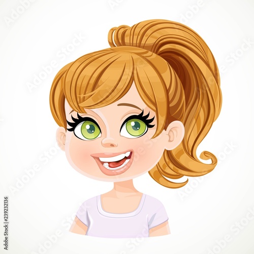 Beautiful enthusiastic cartoon fair-haired girl with hair gathered in ponytail portrait isolated on white background