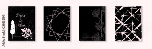 Wedding Invitation Card Vector Set on Black. Minimal Textured Cover, Menu, Poster, Frame, Brochure, Border Design. Funky Business Cover Simple Collection. Wedding Invitation Card Template