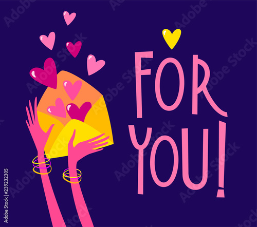 Valentine's Day romantic greeting card with hand and hearts