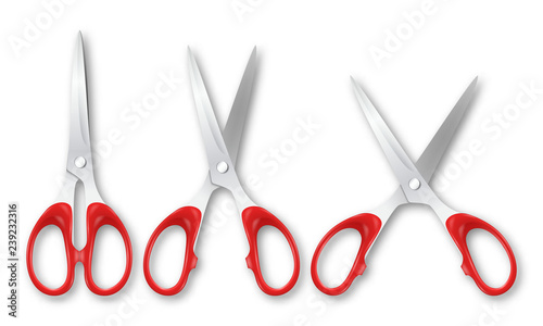Vector 3d Realistic Metal Closed and Opened Stationery Scissors with Plastic Handles Icon Set Closeup Isolated on White Background. Design Template of Classic Scissors for Graphics, Mockup. Top View