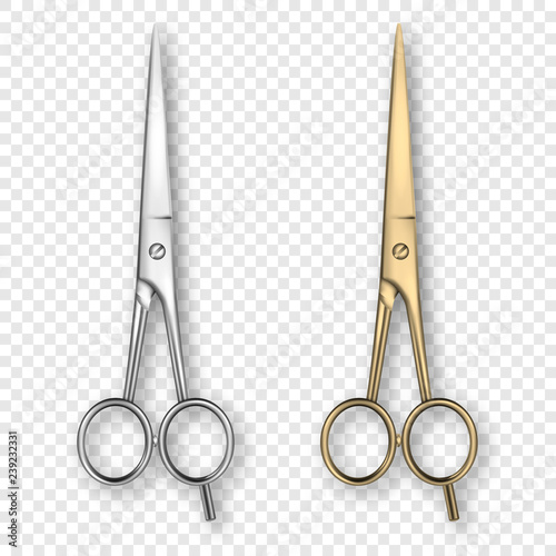 Vector 3d Realistic Silver and Gold Metal Closed Stationery Scissor Icon Set Closeup Isolated on Transparency Grid Background. Design Template of Classic Scissors for Graphics, Mockup. Top View