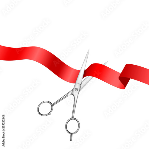 Grand Opening Background with Realistic Metal Silver Scissors and Red Ribbon Closeup Isolated on White Background. Design Template of Classic Scissors Cutting Red Ribbon Banner for Opening Ceremony