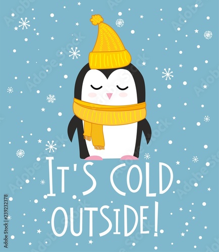 Greeting christmas card with cute penguin in hat and scarf