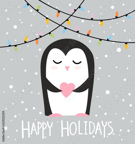 Greeting christmas card with cute penguin holding heart