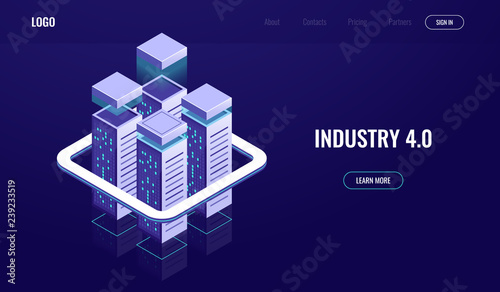 Digital city, isometric urban town, skyscrapers, cloud computing, cloud data storage, server room rack, database concept vector