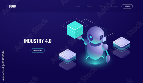 Big data processing, industry 4.0, automatisation process, artificial intelligence ai, robot help, dark neon