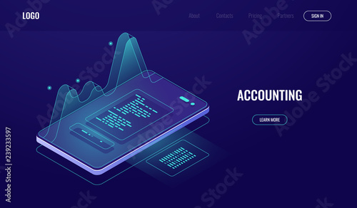 Accounting, money audit, finance management concept, mobile phone with graphic data, analysis and statistic report online application, digital technology, dark neon