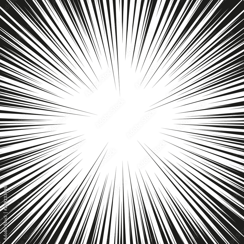 Many black comic radial speed Lines on white base. Effect power explosion illustration. Comic book design element. Graphic Explosion with Speed Lines in comic book style. Vector Illustration Many black comic radial speed Lines on white base. Effect power explosion illustration. Comic book design element. Graphic Explosion with Speed Lines in comic book style. Vector Illustration