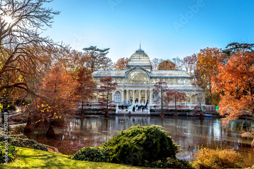 Madrid, Spain - Nov 18th 2017 - Tourists in front of a glass palace at the Buen Retiro Park, one of the largest parks of the city of Madrid, Spain.
