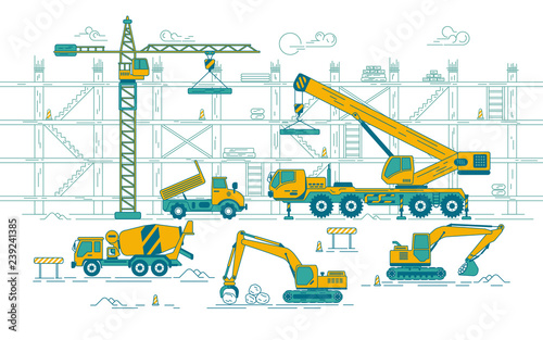 graphic of excavator and truck and crane in construction site, concept of construction industry