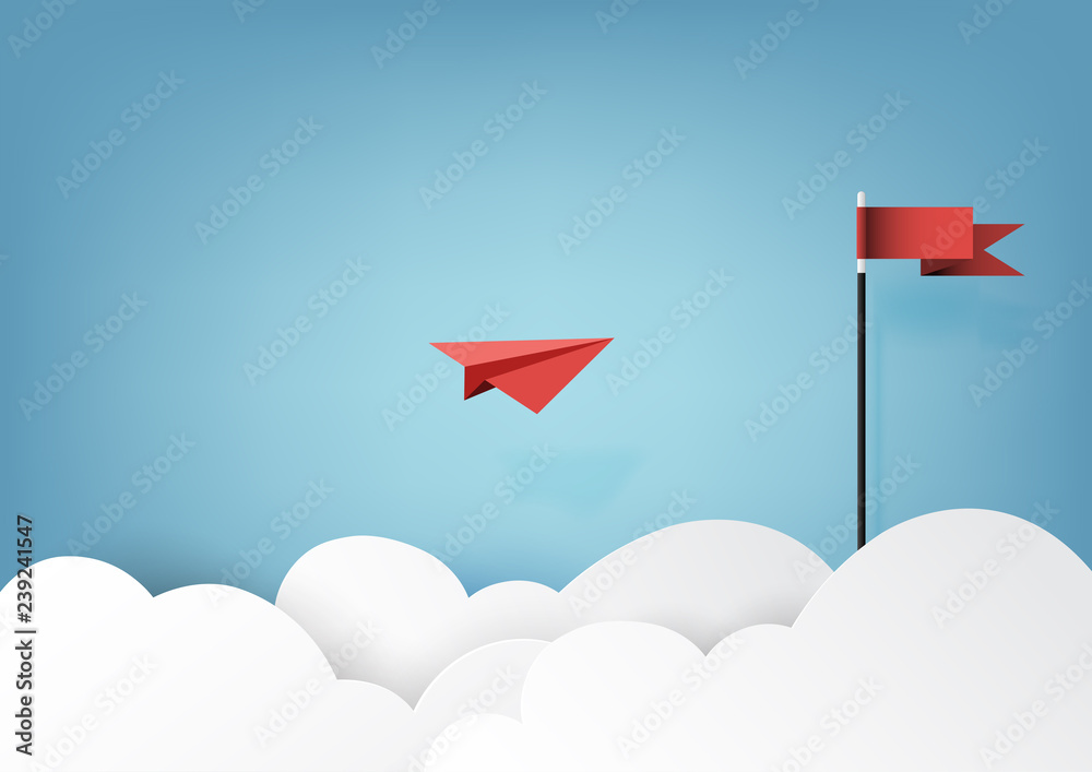 Red paper airplanes flying to red flag on blue sky and cloud.Paper art style of business success and leadership creative concept idea.Vector illustration Red paper airplanes flying to red flag on blue sky and cloud.Paper art style of business success and leadership creative concept idea.Vector illustration