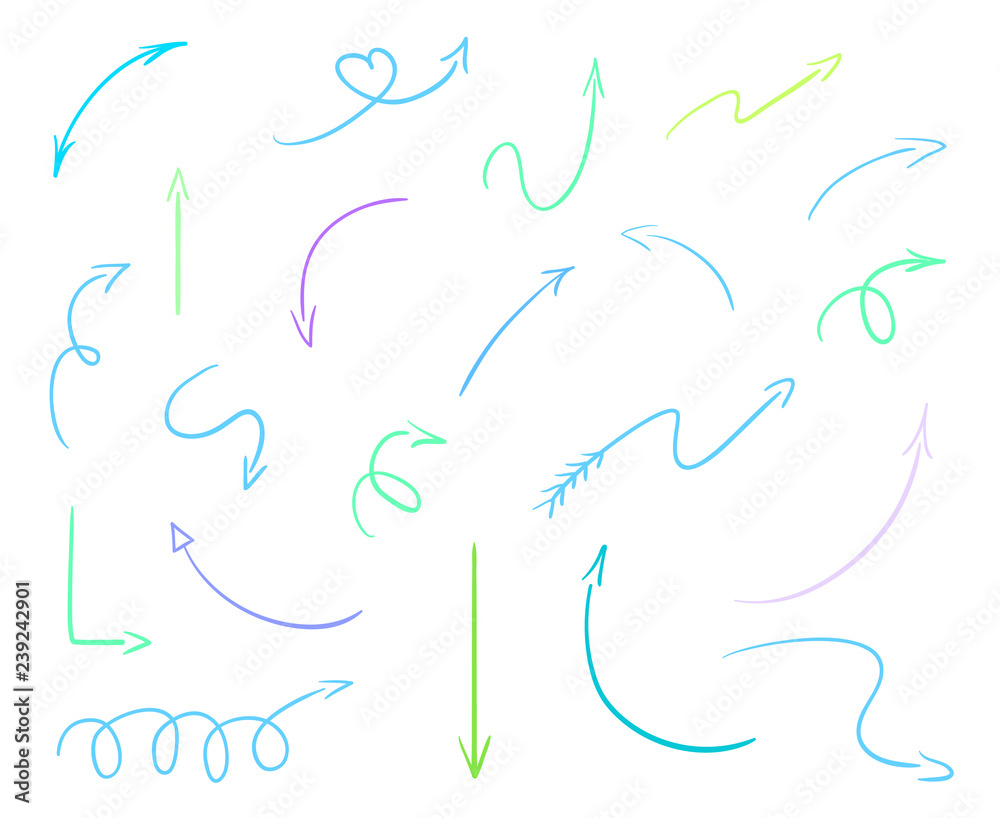Fototapeta Colored infographic elements on isolated white background. Hand drawn simple arrows. Line art. Set of different pointers. Abstract indicators