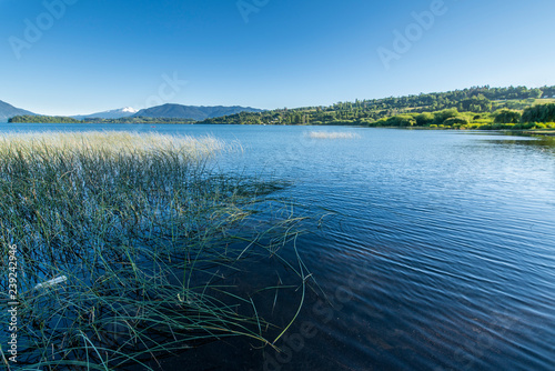 The amazing Choshuenco Volcano above the waters of Panguipulli Lake, the trees inside the forest and the amazing blue sky an awesome volcanic landscape. A nice snow-capped summit. South of Chile. photo