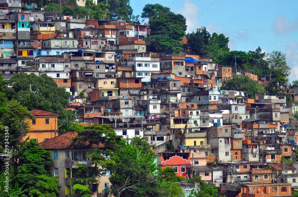 A colorful favela overlooking the Atlantic ocean in Rio de Janeiro