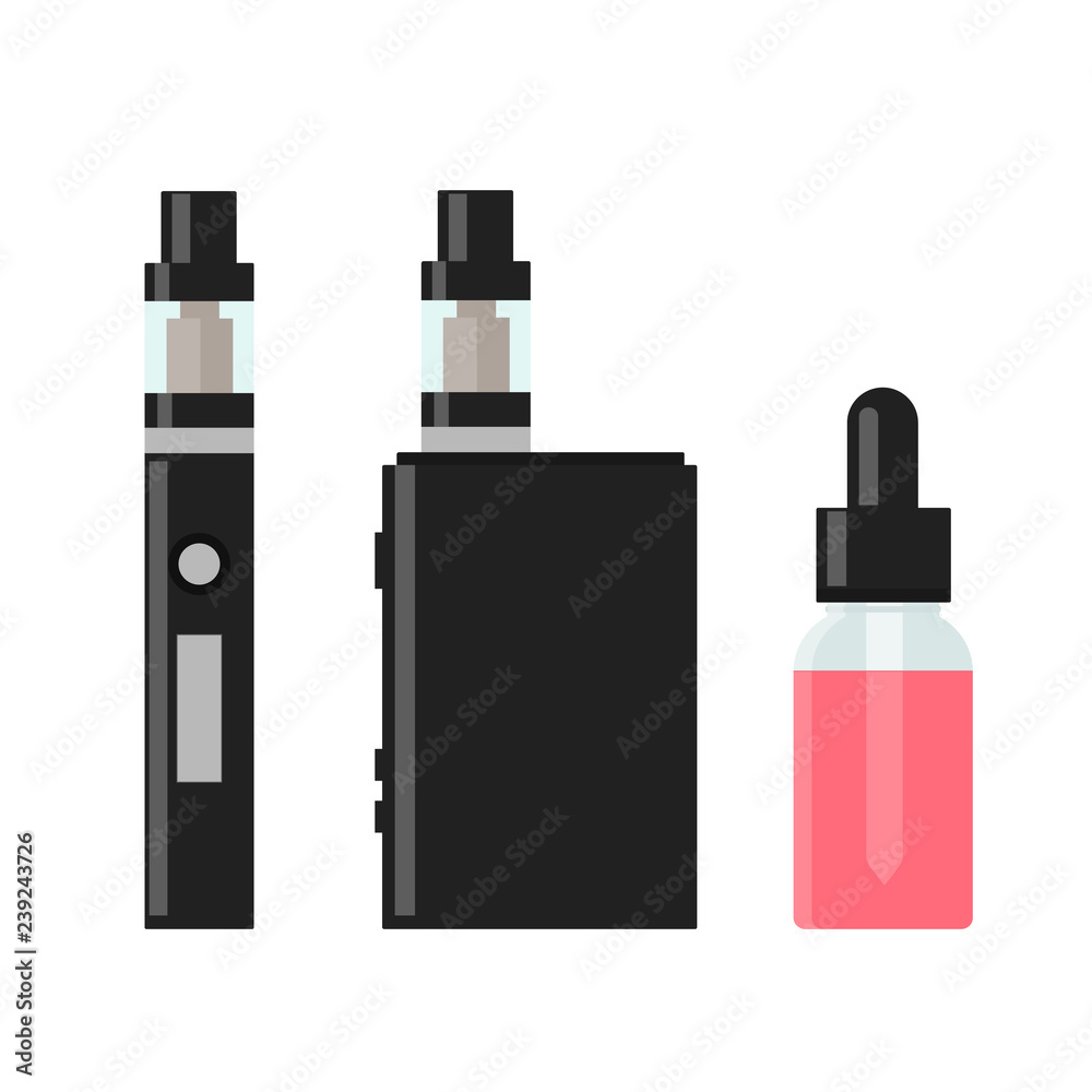 Vaping device and accessory. Electronic cigarette and bottles with vape liquid. e- liquid, e-juice. Mockup of Vape bottle with liquid. Isolated vector illustration on white background. Vaping device and accessory. Electronic cigarette and bottles with vape liquid. e- liquid, e-juice. Mockup of Vape bottle with liquid. Isolated vector illustration on white background.