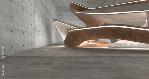 Empty dark abstract concrete and wood smooth interior. Architectural background. 3D illustration and rendering