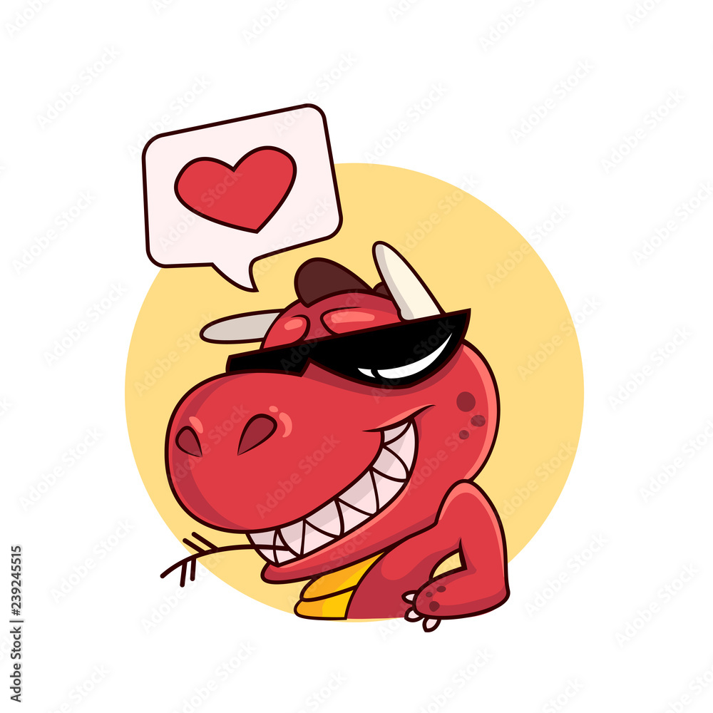 Cool red dragon in cartoon style. Confident dinosaur in sunglasses Cool red dragon in cartoon style. Confident dinosaur in sunglasses